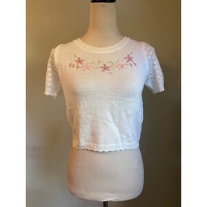 Knit Mix White Floral Embroidered Shimmer Crop Sweater Top Pointelle Puff y2k S